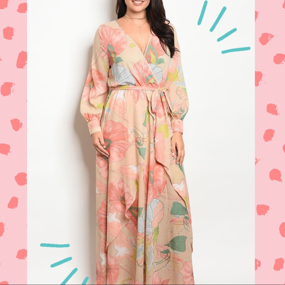 Long Sleeve Floral Printed Chiffon Maxi Dress
